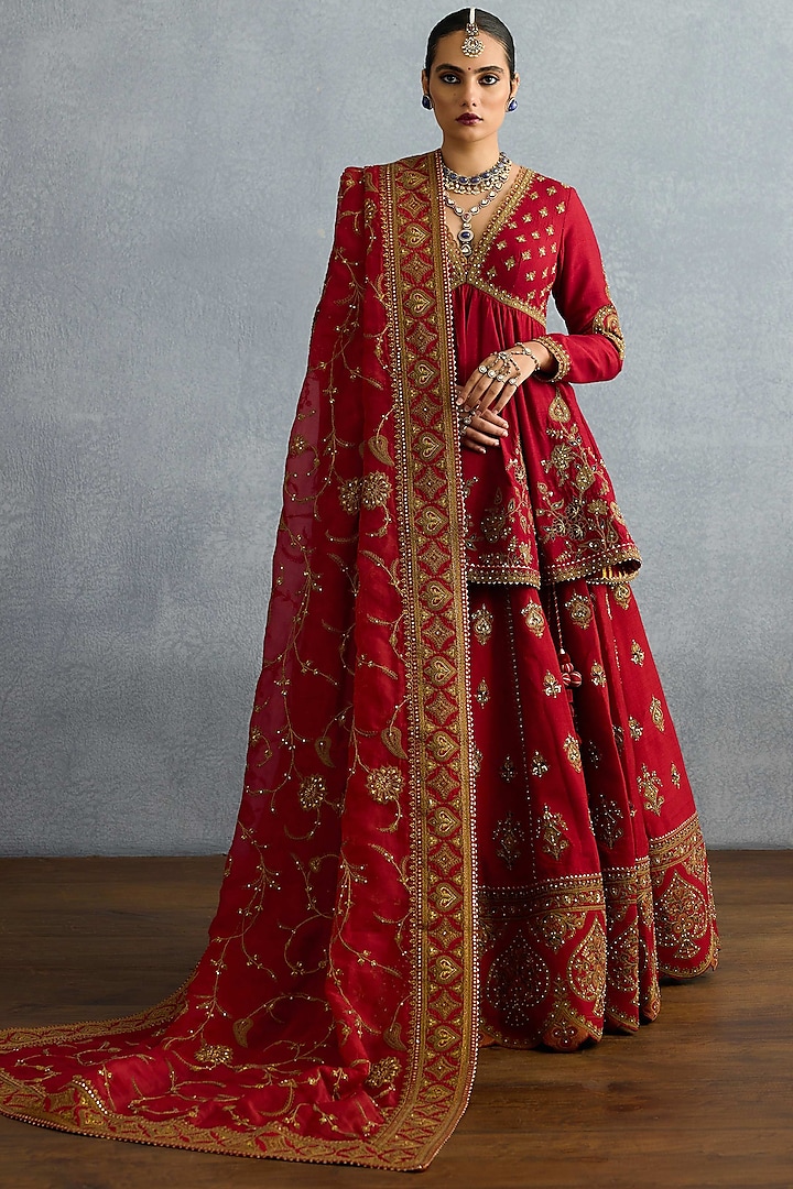 Red Jeni Silk & Organza Embroidered Bridal Lehenga Set by TORANI at Pernia's Pop Up Shop