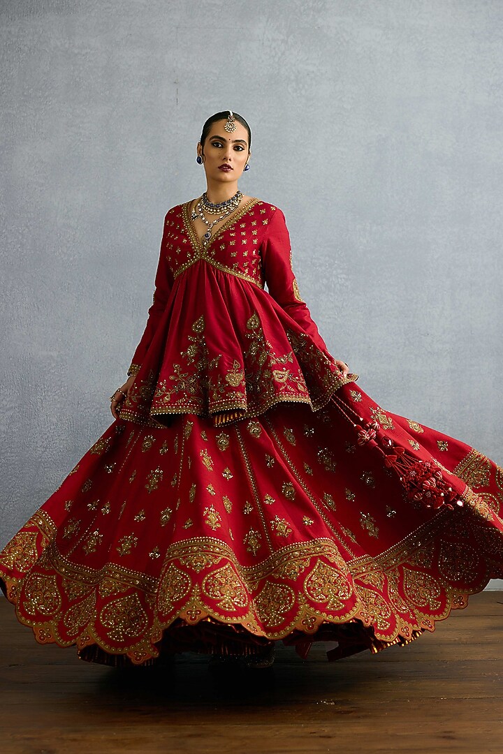 Red Jeni Silk & Organza Embroidered Bridal Lehenga Set by TORANI at Pernia's Pop Up Shop