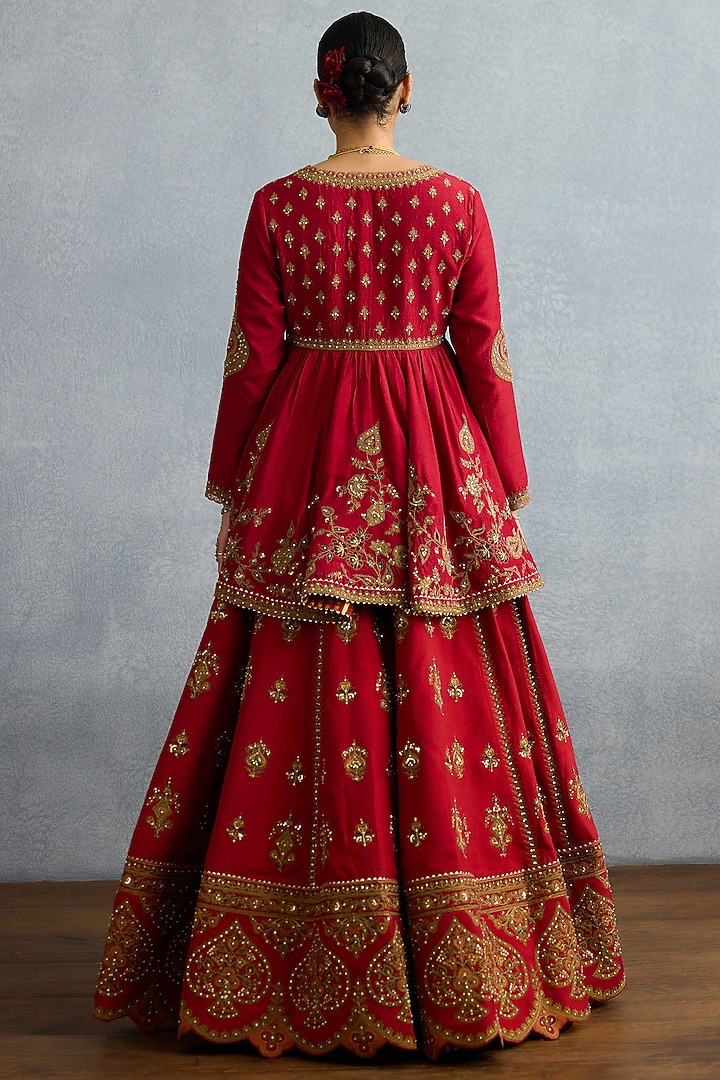 Red Jeni Silk & Organza Embroidered Bridal Lehenga Set by TORANI at Pernia's Pop Up Shop
