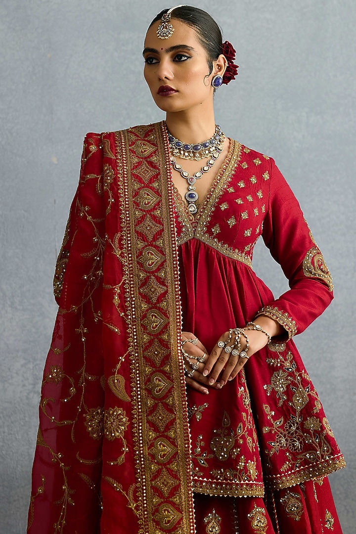 Red Jeni Silk & Organza Embroidered Bridal Lehenga Set by TORANI at Pernia's Pop Up Shop
