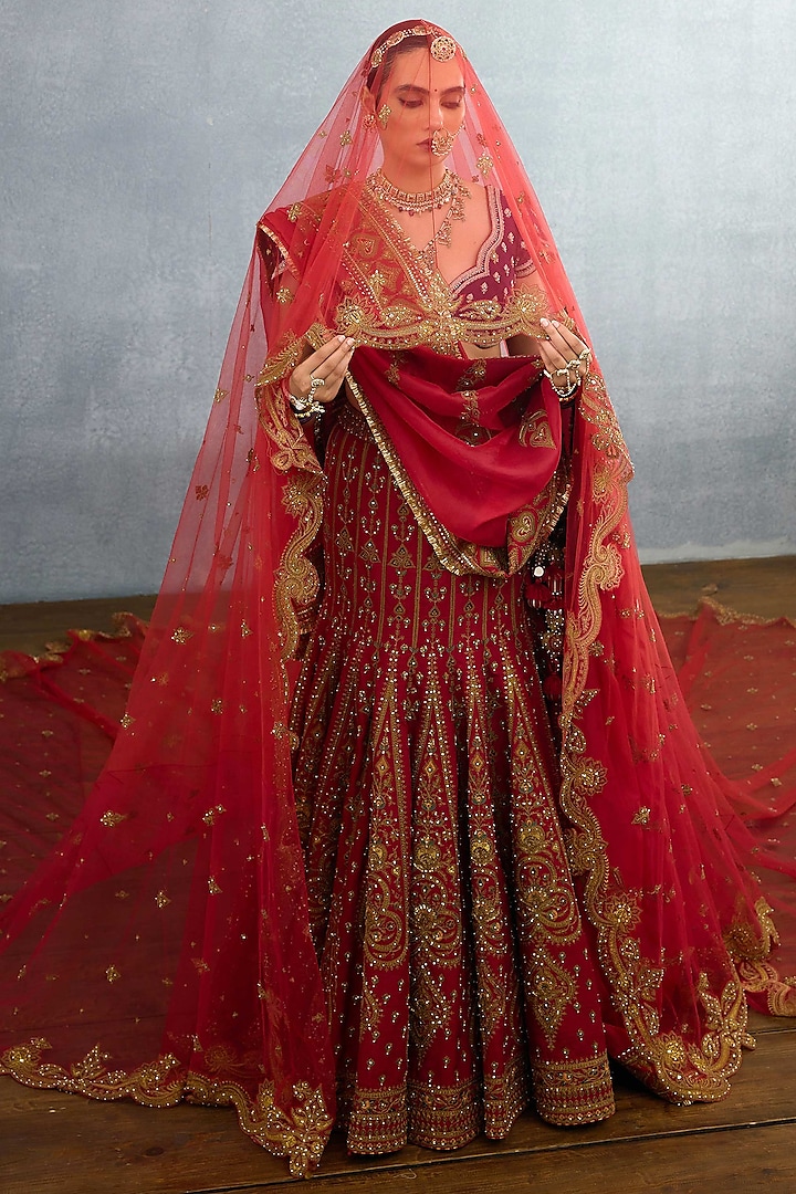 Red Jeni Silk & Organza Embroidered Bridal Lehenga Set by TORANI at Pernia's Pop Up Shop