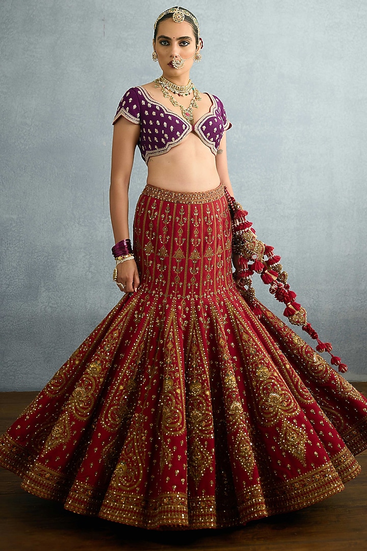 Red Jeni Silk & Organza Embroidered Bridal Lehenga Set by TORANI at Pernia's Pop Up Shop