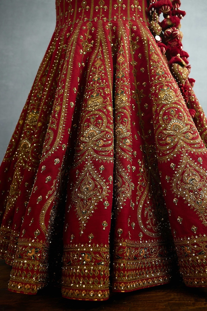 Red Jeni Silk & Organza Embroidered Bridal Lehenga Set by TORANI at Pernia's Pop Up Shop