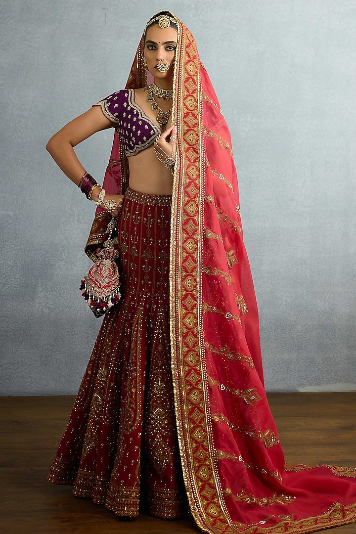 Red Jeni Silk & Organza Embroidered Bridal Lehenga Set by TORANI at Pernia's Pop Up Shop