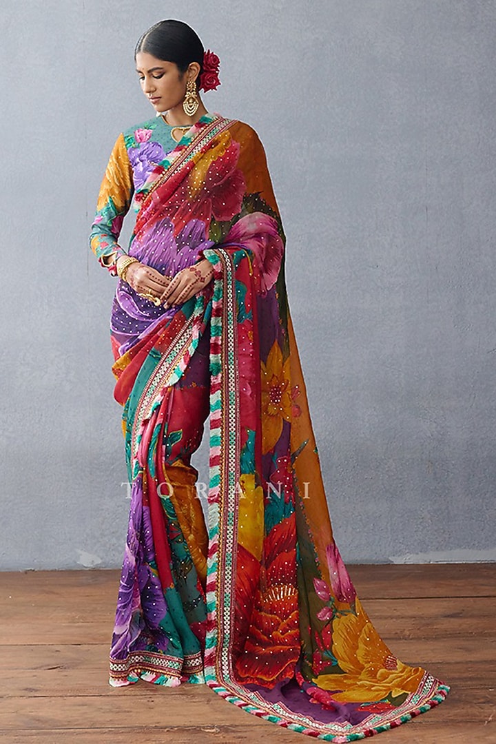 Multi-Colored Organza Floral Embroidered Reception Saree Set by TORANI at Pernia's Pop Up Shop