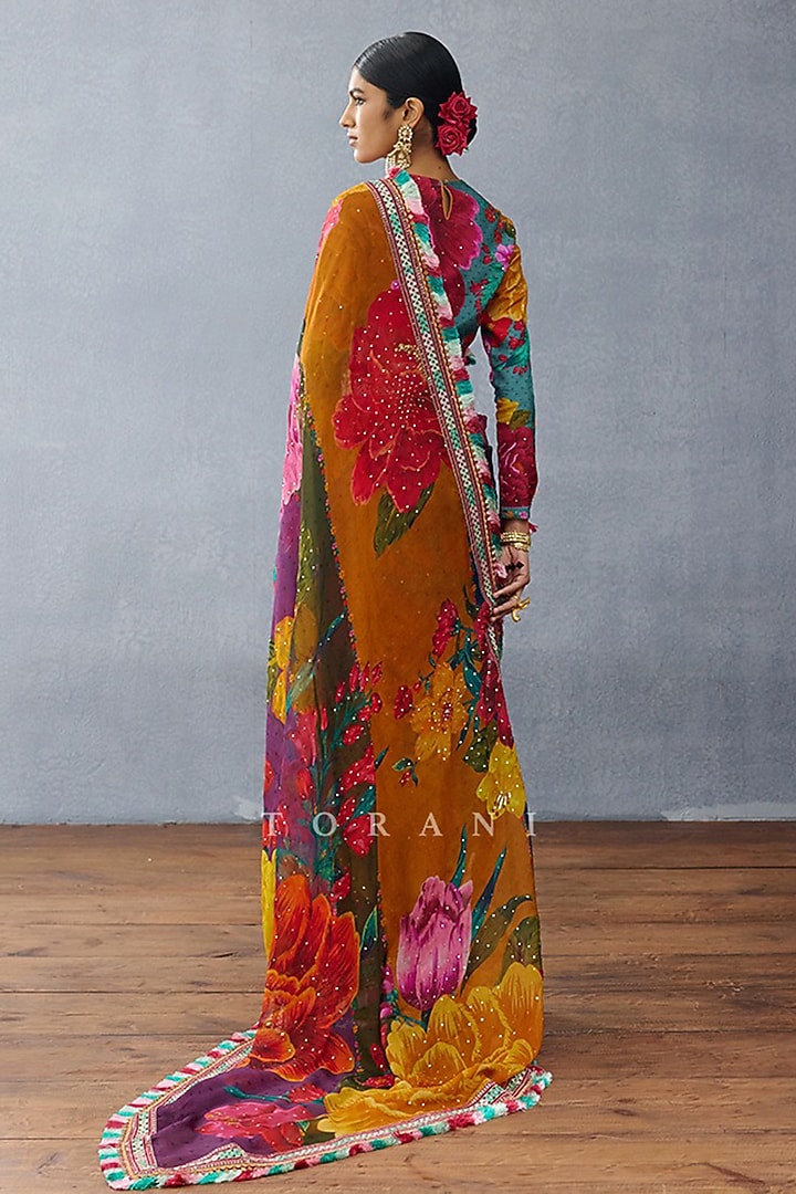 Multi-Colored Organza Floral Embroidered Reception Saree Set by TORANI at Pernia's Pop Up Shop