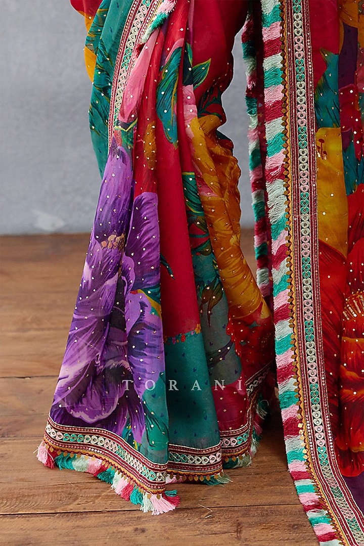 Multi-Colored Organza Floral Embroidered Reception Saree Set by TORANI at Pernia's Pop Up Shop