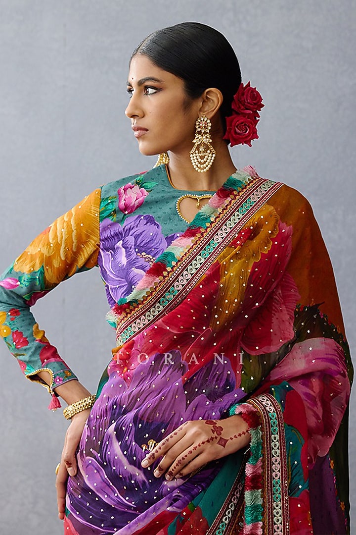 Multi-Colored Organza Floral Embroidered Reception Saree Set by TORANI at Pernia's Pop Up Shop