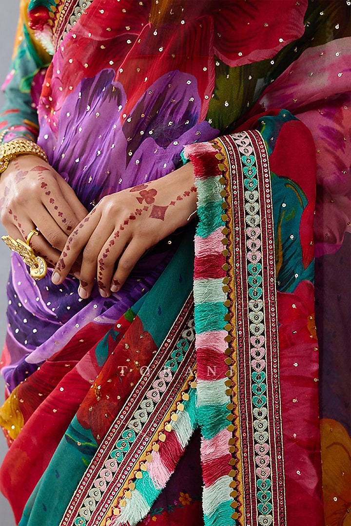 Multi-Colored Organza Floral Embroidered Reception Saree Set by TORANI at Pernia's Pop Up Shop