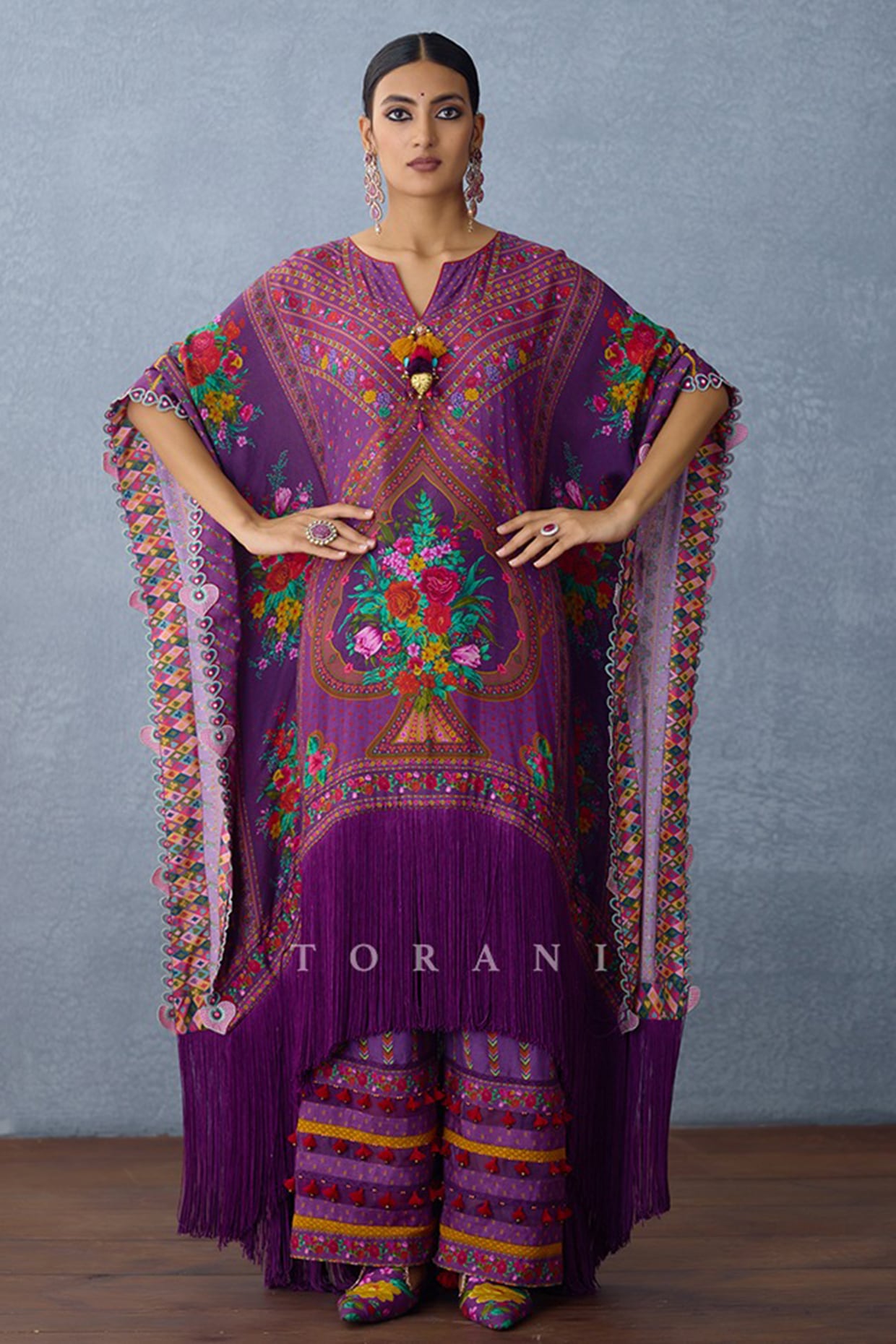 TORANI Purple Handwoven Chanderi Digital Printed Kaftan Set