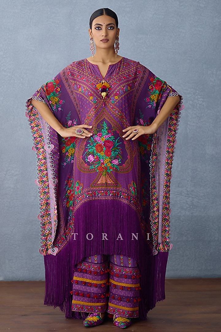 Purple Handwoven Chanderi Digital Printed Kaftan Set by TORANI at Pernia's Pop Up Shop