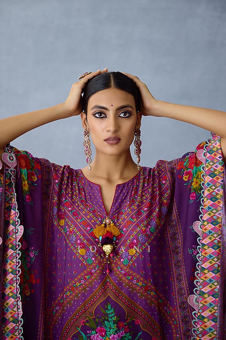 Purple Handwoven Chanderi Digital Printed Kaftan Set by TORANI at Pernia's Pop Up Shop