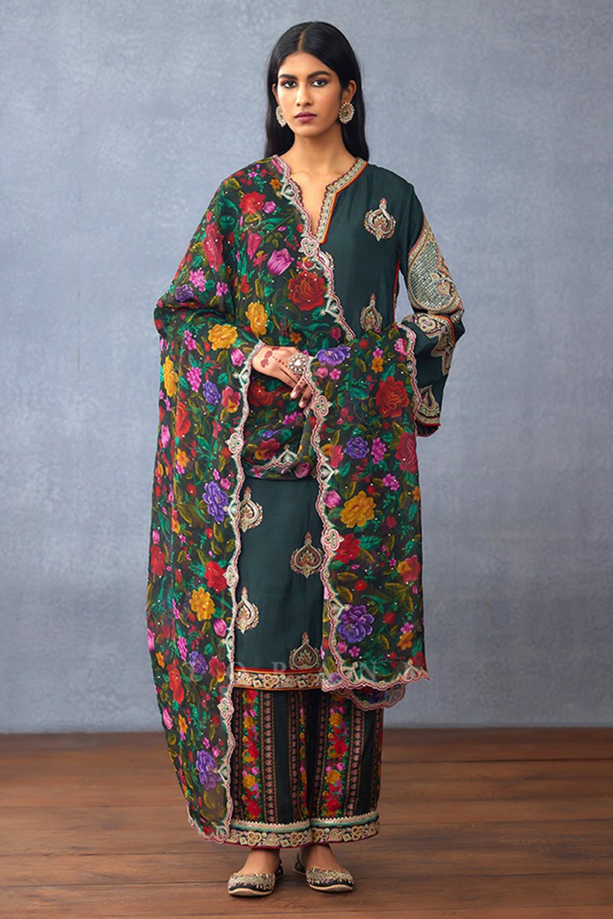 TORANI Green South Silk Slub Embroidered Kurta Set
