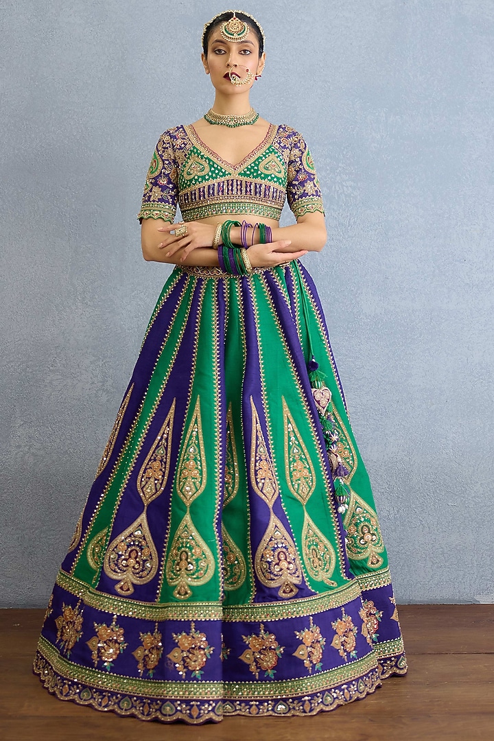Purple & Green Jeni Silk Pearl Hand Embellished Bridal Lehenga Set by Torani at Pernia's Pop Up Shop