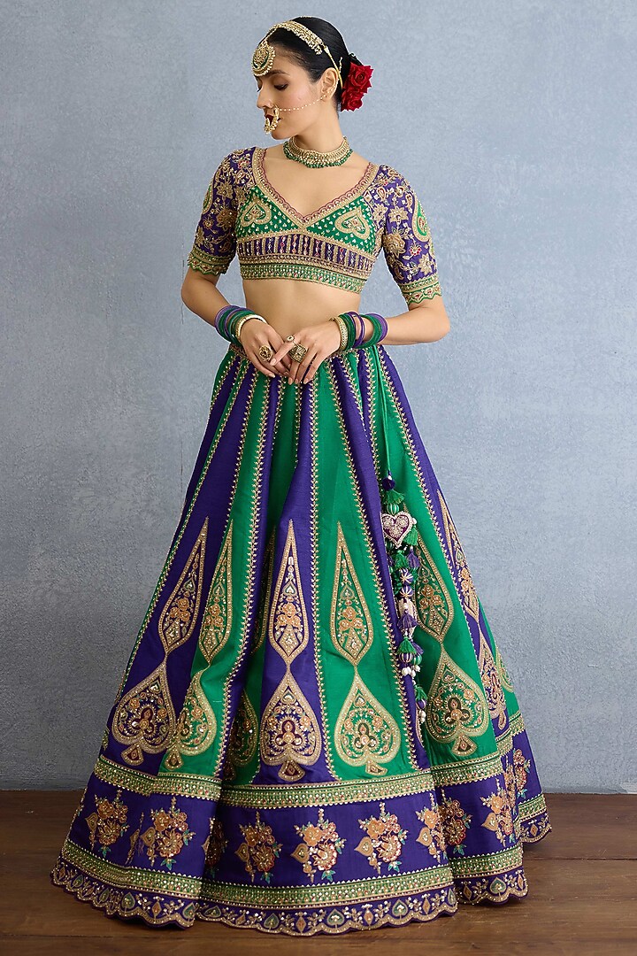 Purple & Green Jeni Silk Pearl Hand Embellished Bridal Lehenga Set by Torani at Pernia's Pop Up Shop