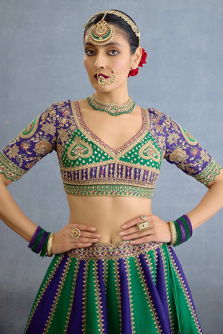 Purple & Green Jeni Silk Pearl Hand Embellished Bridal Lehenga Set by Torani at Pernia's Pop Up Shop