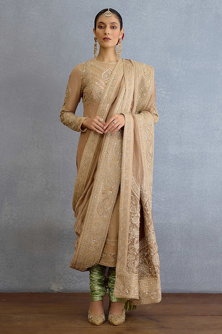Beige Brocade & Viscose Tissue Zari Embroidered Kurta Set by TORANI at Pernia's Pop Up Shop
