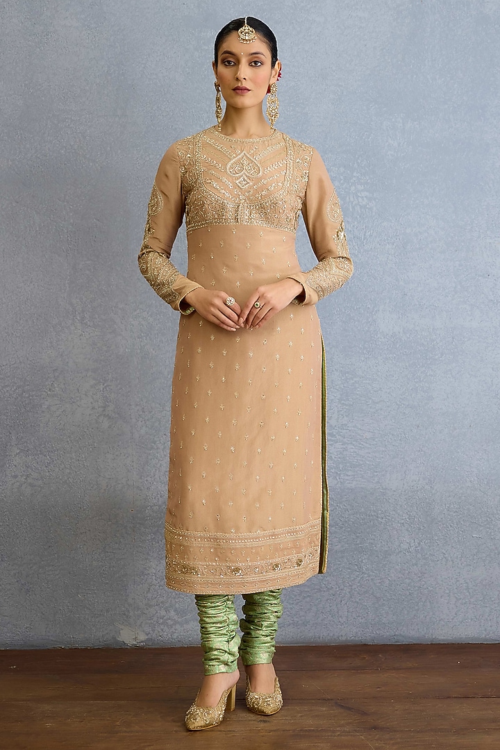 Beige Brocade & Viscose Tissue Zari Embroidered Kurta Set by TORANI at Pernia's Pop Up Shop