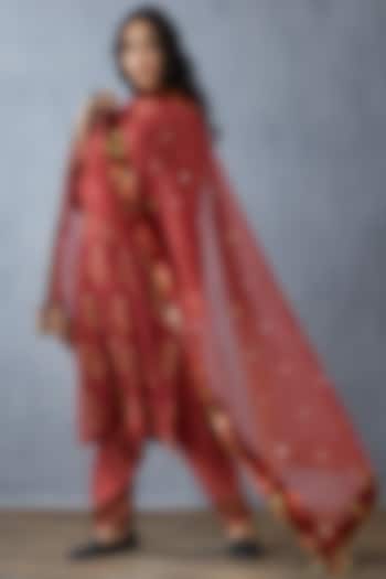 Red Hand Embroidered Dupatta by TORANI