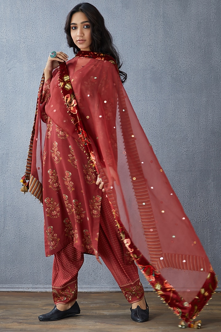Red Hand Embroidered Dupatta by TORANI