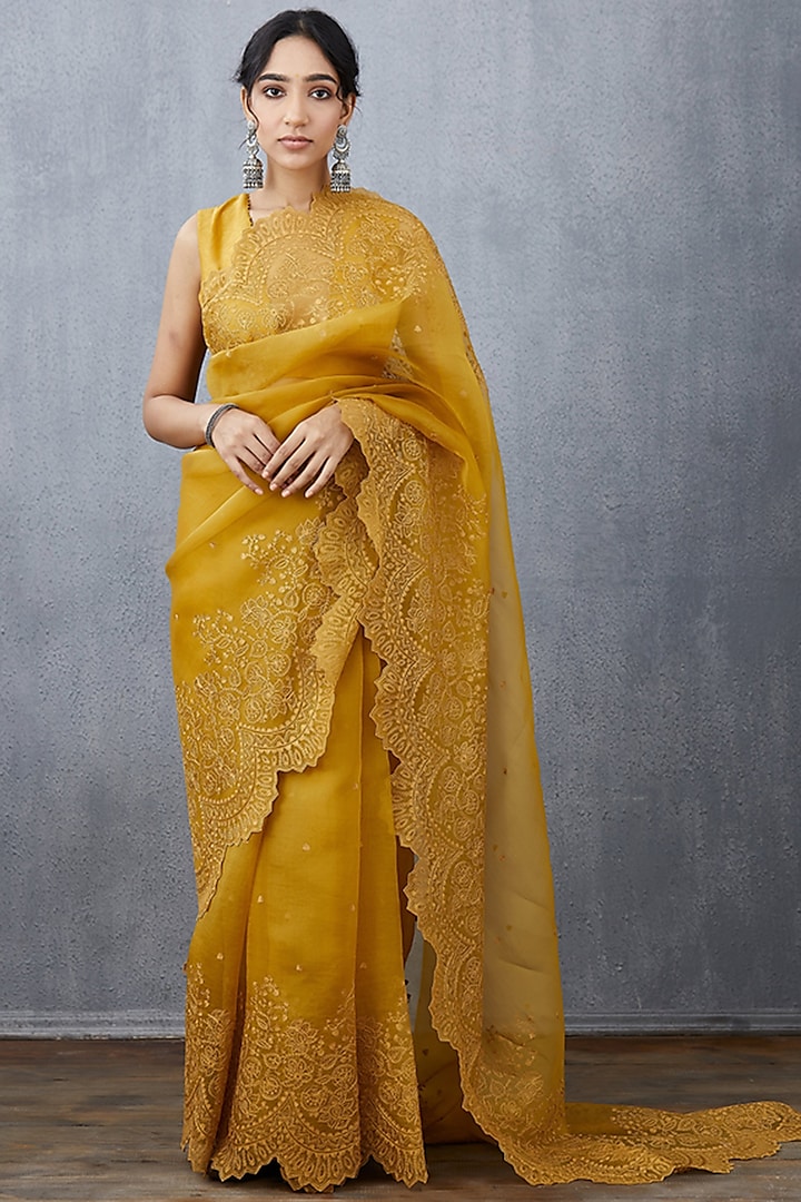 Yellow Machine Embroidered Saree Set by TORANI