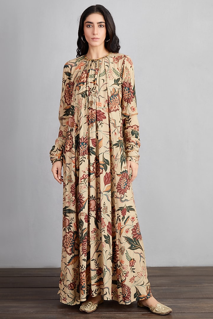 Natural Beige Printed Maxi Dress by TORANI