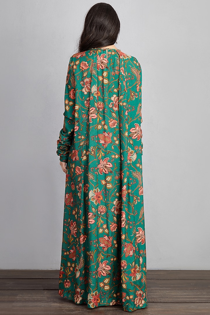 slim fit dress slacks Svarchi Women Green Bagru Print Ethnic Motifs Pure Cotton Maxi Dress –  Svarchi Jaipur main image 1