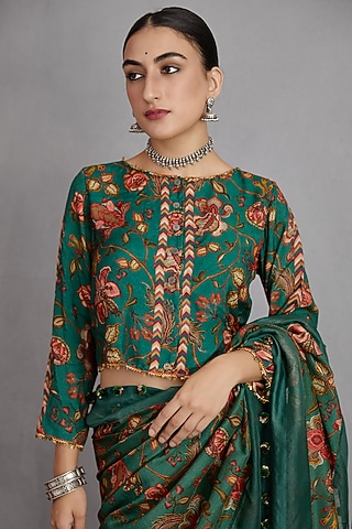Bottle Green Printed Blouse by TORANI