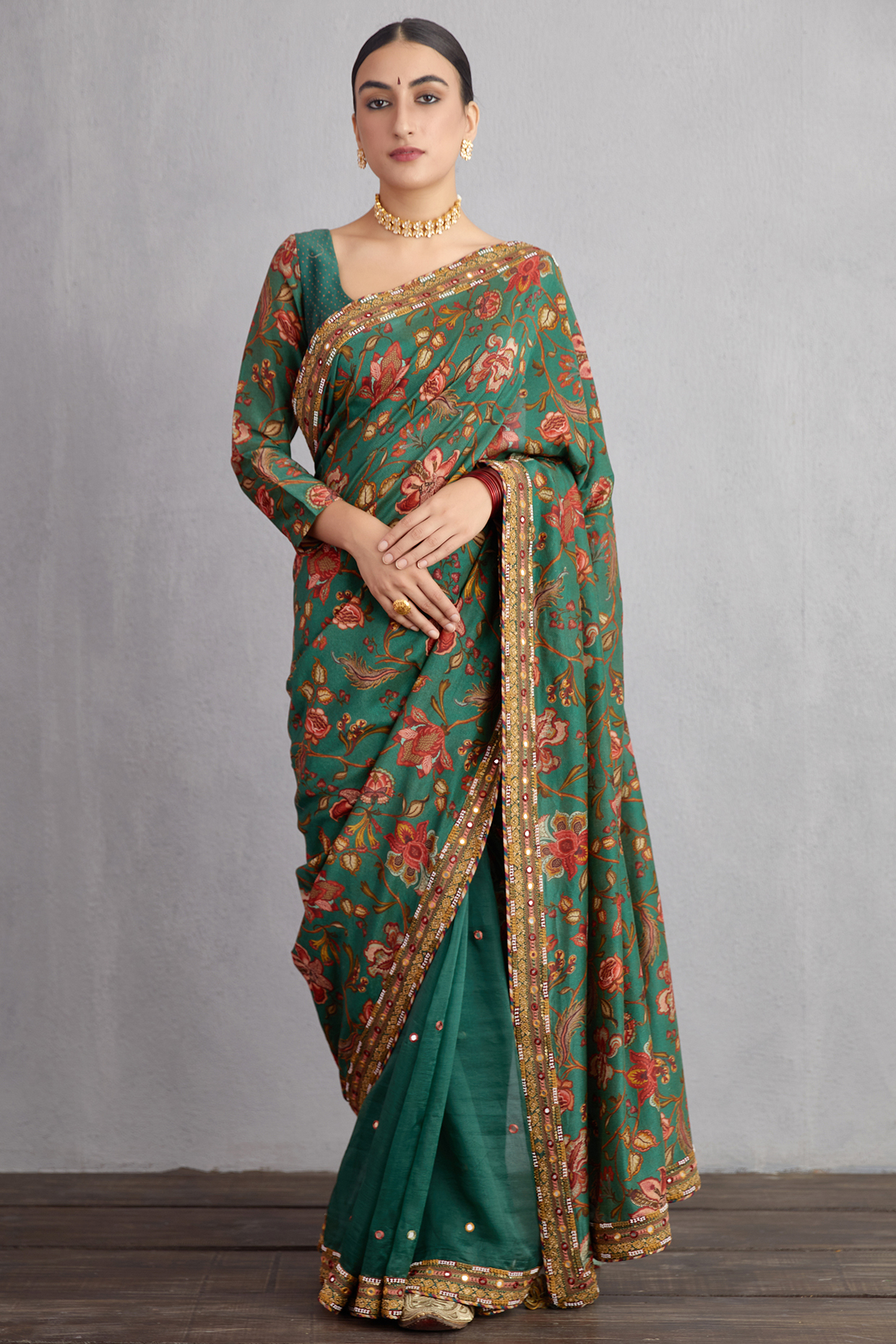 Bottle Green Handwoven Chanderi Printed & Machine Embroidered Wedding Saree by TORANI at Pernia's Pop Up Shop