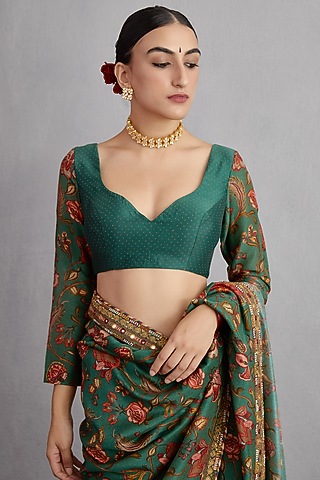 Bottle Green Printed Blouse by TORANI