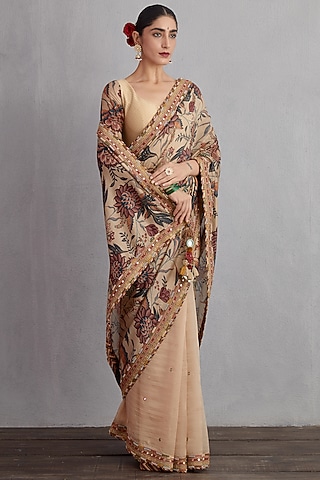 Natural Beige Printed & Machine Embroidered Saree by TORANI
