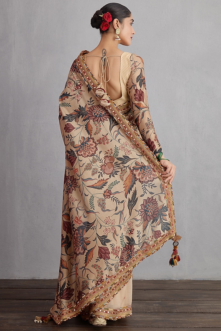 Natural Beige Printed & Machine Embroidered Wedding Saree by TORANI at Pernia's Pop Up Shop