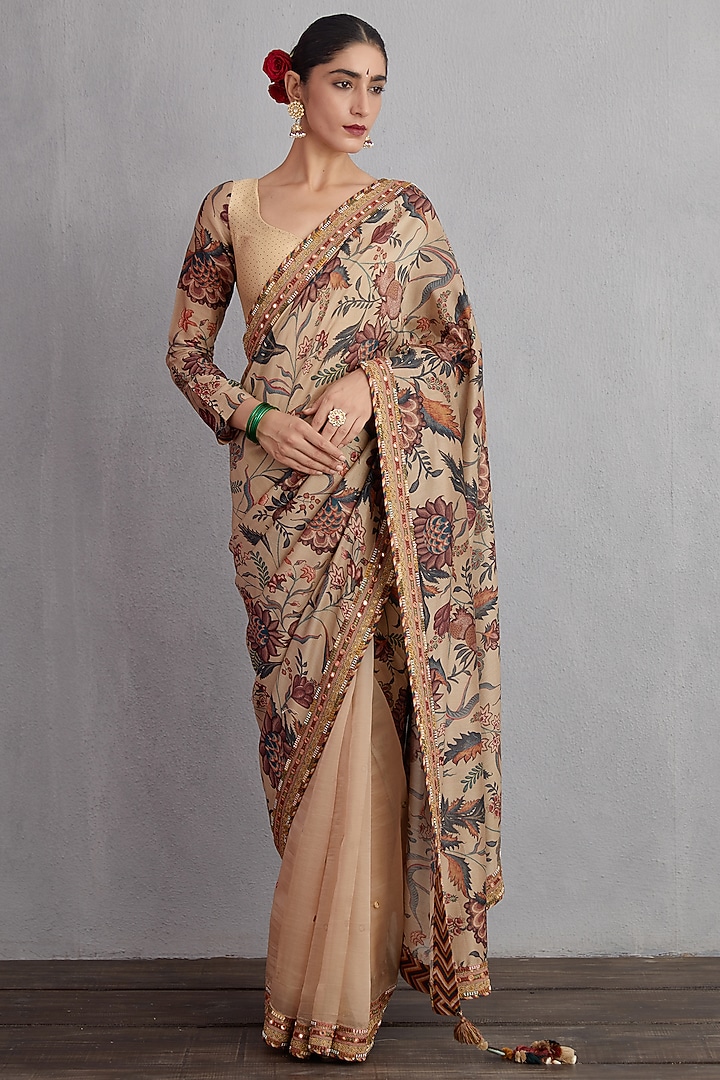 Natural Beige Printed & Machine Embroidered Wedding Saree by TORANI at Pernia's Pop Up Shop