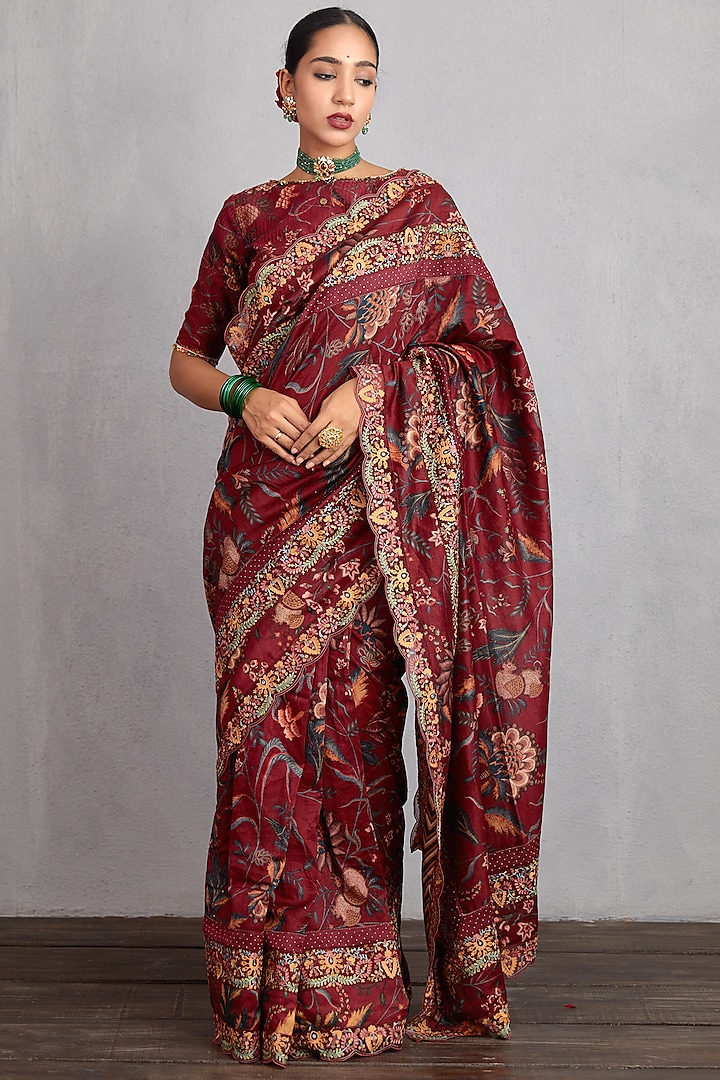 Garnet Red Printed & Machine Embroidered Saree by TORANI