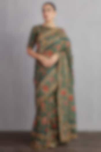 Bottle Green Chanderi & Pure Silk Organza Printed & Machine Embroidered Wedding Saree by TORANI at Pernia's Pop Up Shop
