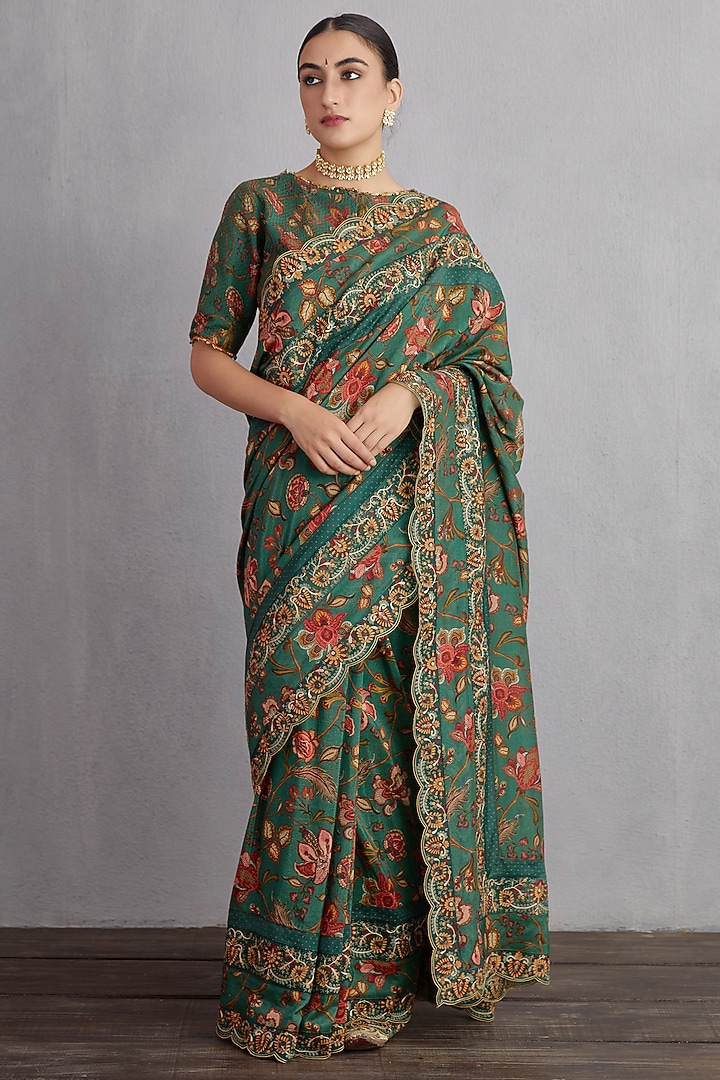 Bottle Green Chanderi & Pure Silk Organza Printed & Machine Embroidered Wedding Saree by TORANI at Pernia's Pop Up Shop