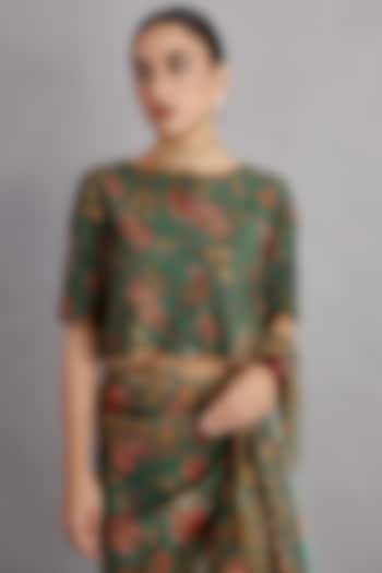 Bottle Green Blouse With Print by TORANI