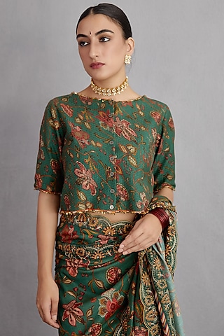 Bottle Green Blouse With Print by TORANI