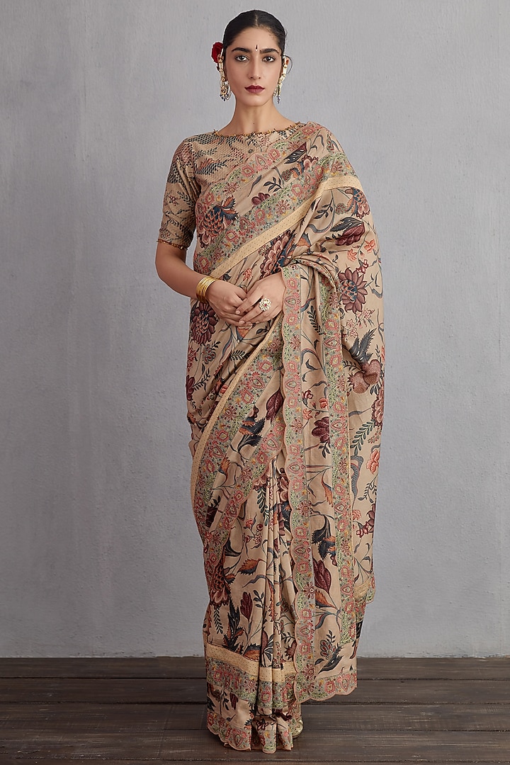 Natural Beige Printed & Embroidered Saree by TORANI