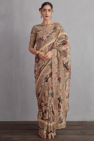 Natural Beige Printed & Embroidered Saree by TORANI
