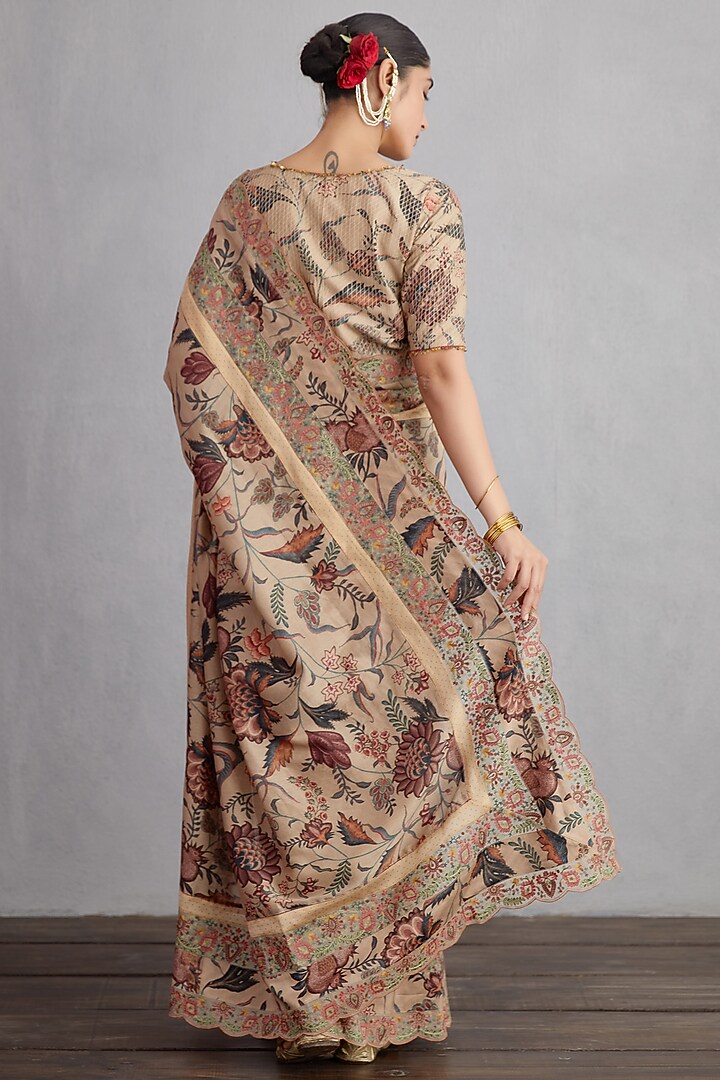 Natural Beige Printed & Embroidered Wedding Saree by TORANI at Pernia's Pop Up Shop