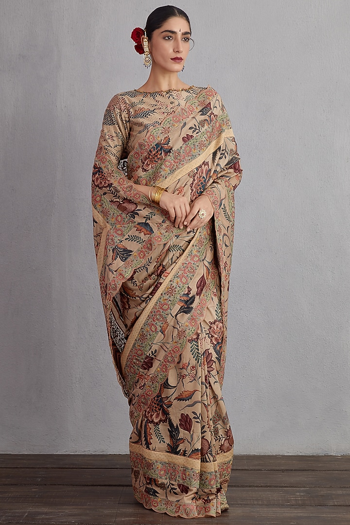 Natural Beige Printed & Embroidered Wedding Saree by TORANI at Pernia's Pop Up Shop