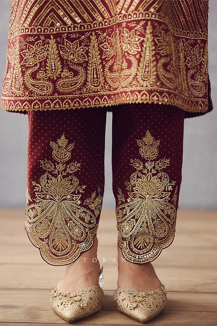 Burgundy Slub Silk Embroidered & Printed Kurta Set by TORANI at Pernia's Pop Up Shop