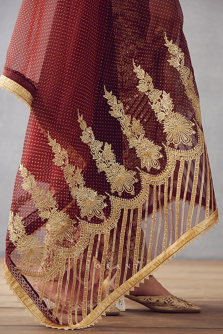 Burgundy Slub Silk Embroidered & Printed Kurta Set by TORANI at Pernia's Pop Up Shop
