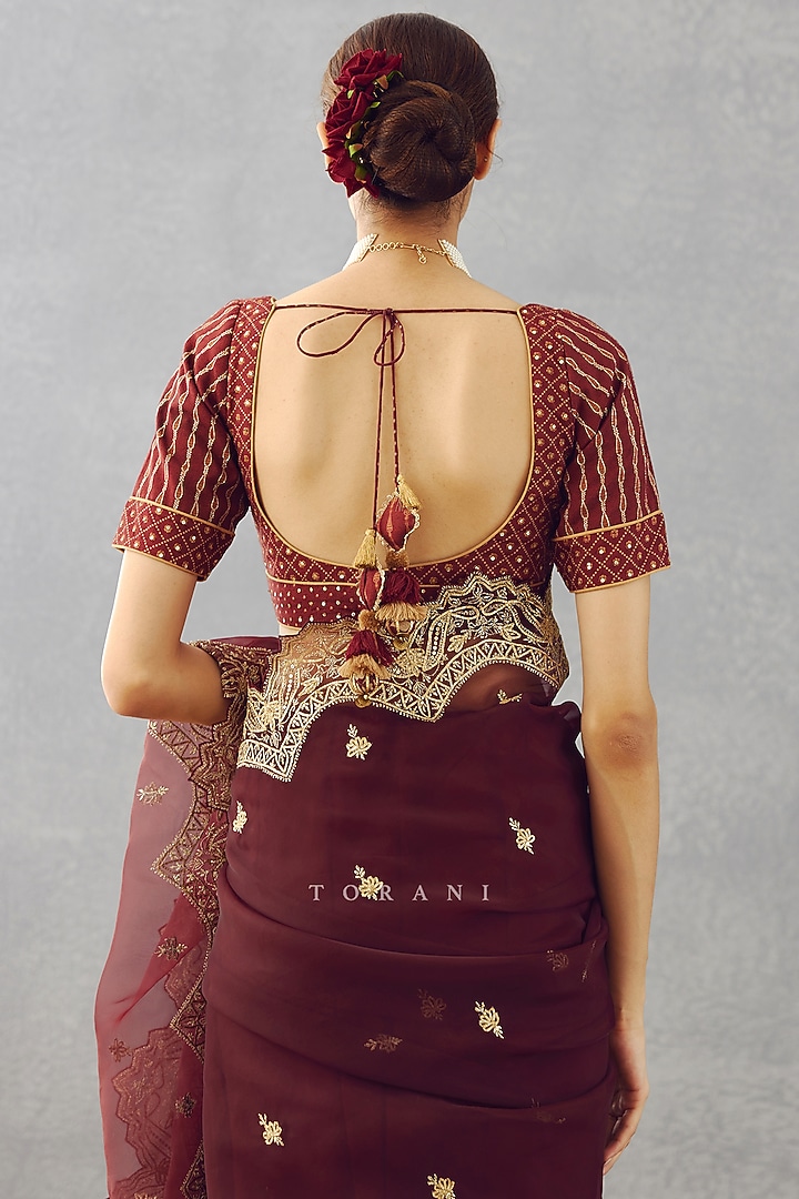 Red Raw Silk Bhagalpuri Printed Blouse by TORANI at Pernia's Pop Up Shop