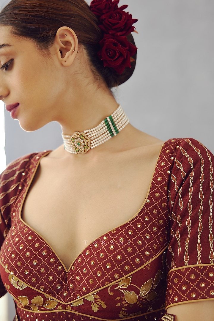 Red Raw Silk Bhagalpuri Printed Blouse by TORANI at Pernia's Pop Up Shop