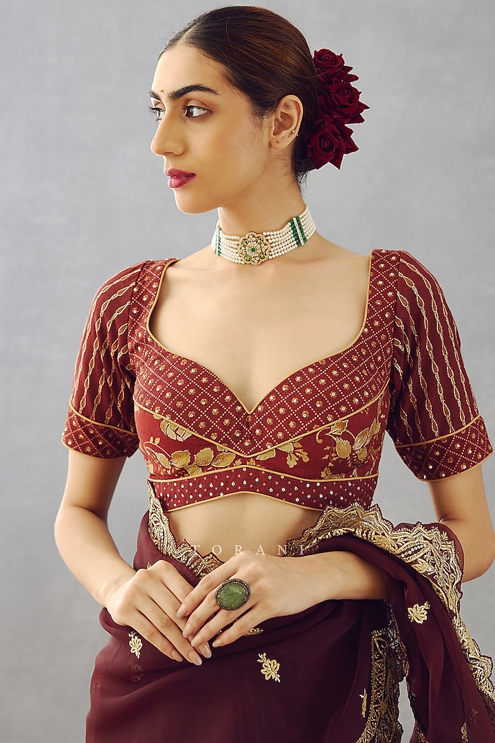 Red Raw Silk Bhagalpuri Printed Blouse by TORANI at Pernia's Pop Up Shop