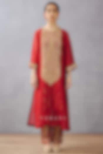 Red Sheer Silk Organza Embroidered Kurta Set by TORANI