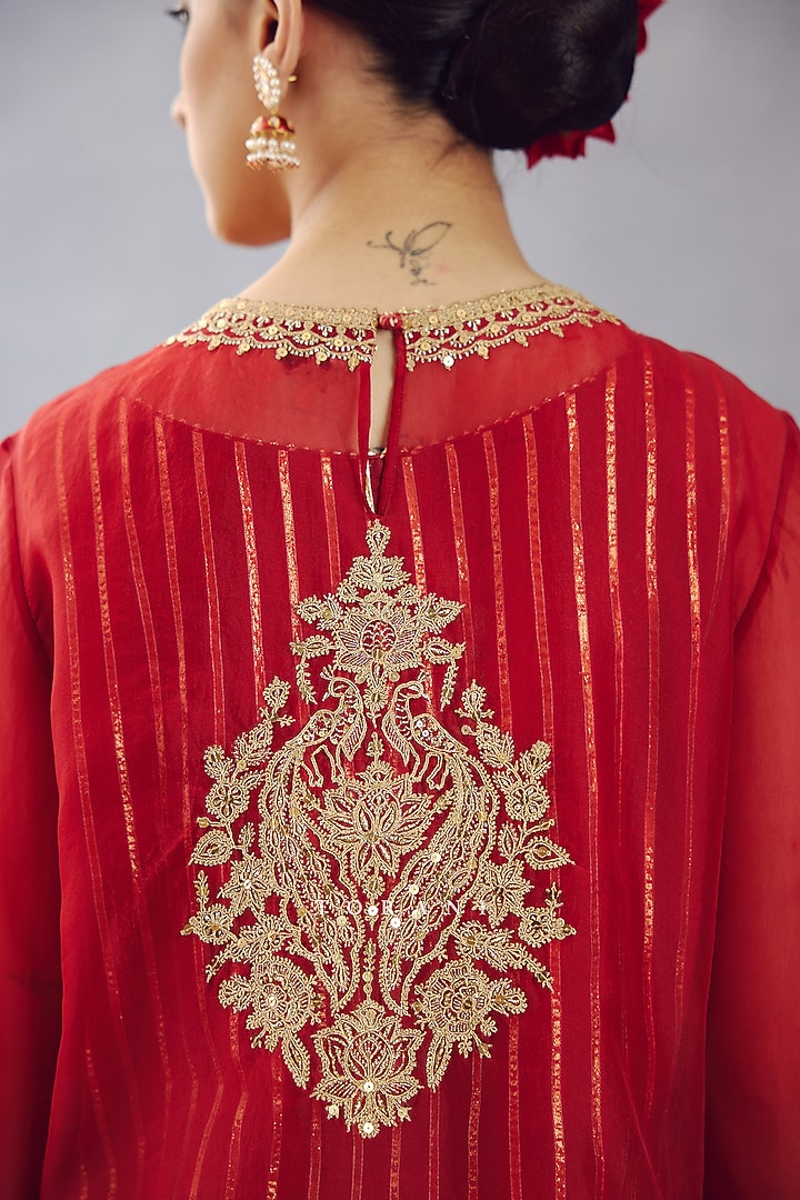 Red Sheer Silk Organza Embroidered Kurta Set by TORANI at Pernia's Pop Up Shop