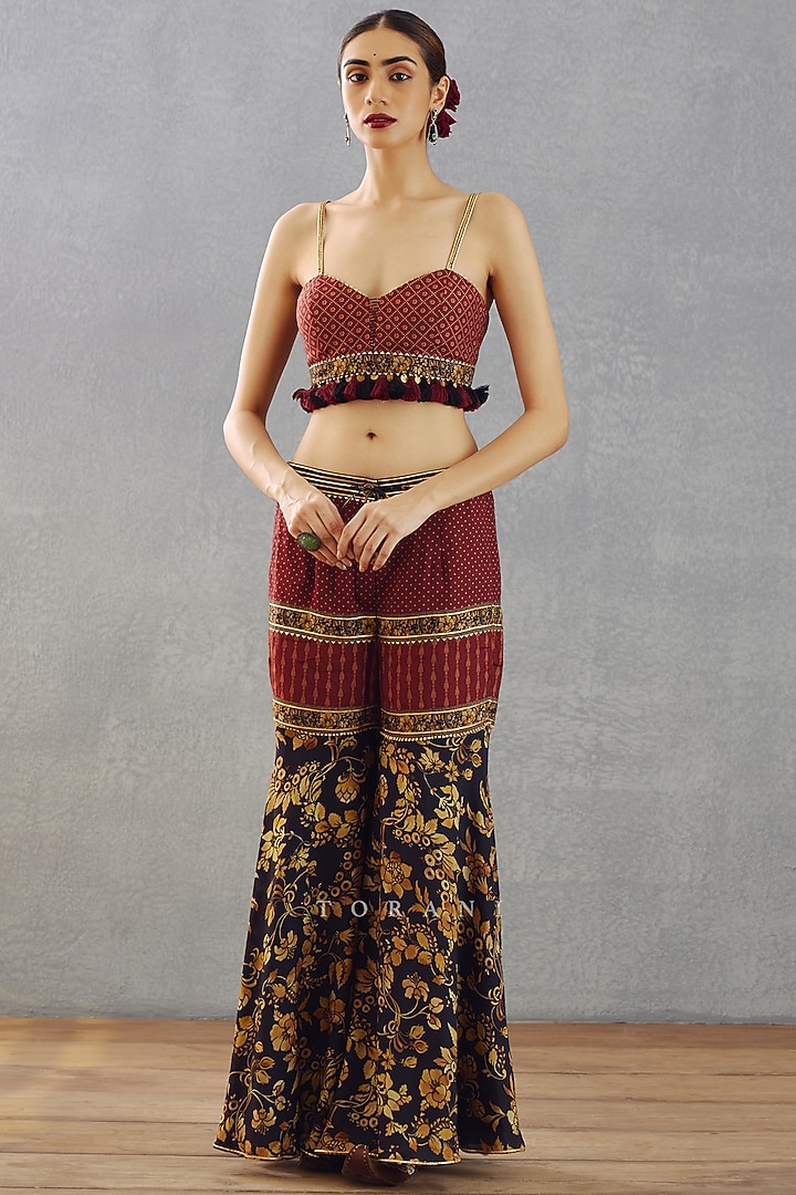 Jet Black Handwoven Chanderi Printed Wedding Sharara Set by TORANI at Pernia's Pop Up Shop